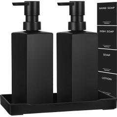 GMISUN Bathroom Soap Dispenser, 12 oz / 355 ml Washing-Up Liquid Dispenser for Kitchen, Modern Soap Dispenser Black Glass with Tray and Waterproof Labels, Hand Soap Dispenser, Liquid Soap Dispenser