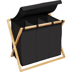 WENKO Trio Ecori Laundry Hamper with 3 Compartments (31 Litres Each), Made from FSC® Certified Bamboo, Laundry Bag with Recycled Polyester Lid, 69 x 56.5 x 33 cm, Natural/Black