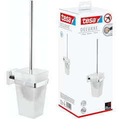 tesa DELUXXE Toilet Brush Set, Chrome-Plated, with Satin Glass, for Wall Mounting, No Drilling, Includes Powerful Adhesive Solution, 98 mm x 445 mm x 138 mm