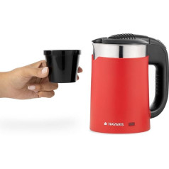 Navaris Stainless Steel Travel Kettle 0.5 L - with 2 Drinking Cups - 16 x 11 x 17 cm - Mini Travel Kettle 1100 W for Camping - Travel Cooker in Red