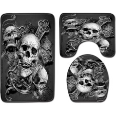 BZDMLY Non-Slip Bath Mat, 3 Piece Flannel Bathroom Rug Set, Skull Day of the Dead Gothic Soft Toilet Mat, Non-Slip Shower Mat and Pedestal Mat Set