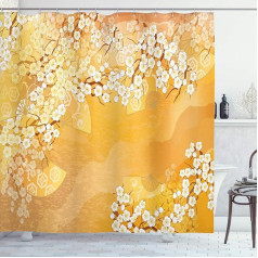 ABAKUHAUS Asian Shower Curtain Flowers Fabric Fabric Bathroom Decoration Set with Hooks 175x180cm Marigold Cream