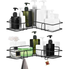 FDGAUCA Shower Shelf No Drilling, Black Corner Shower Shelf, Pack of 2 Bathroom Organiser Made of Stainless Steel, Bathroom Shelf with Hooks, Adhesive for Bathroom, Kitchen and Bedroom