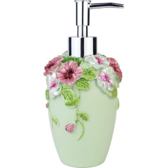 Vintage Soap Dispenser, Flower Lotion Soap Dispenser with Luxury Decorative Resin - Colourful Hand Painted Soap Dispenser for Bathroom, Kitchen, Counter, Beauty Salon, Hotel (10oz/300ml, Green)