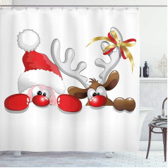 ABAKUHAUS Christmas Shower Curtain, Funny Santa Ren, Fabric Fabric Bathroom Decoration Set with Hooks, 175 x 200 cm, Vermilion Caramel White