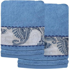 O'LANG -10027 Set of 2 Premium Hand Towels 600 g with Printed Edge Blue 100% Cotton Consisting of: 1 Wash Basin Towel (50 x 100 cm) and 1 Large Bath Towel (100 x 150 cm)