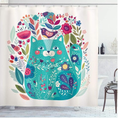 ABAKUHAUS Cat Shower Curtain, Kitty with Flowers and Bird, Washable and Easy Care with 12 Hooks, High-Quality Print, Colour-Resistant, Long-Lasting, 175 x 200 cm, Seafoam Multicoloured