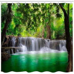 JOOCAR Bathroom Decorative, Green Lake Summer Waterfall in Forest Nature Jungle Landscape Art Print Brown White Waterproof Polyester Fabric Shower Curtain with 12 Hooks Size:72x72 Inch