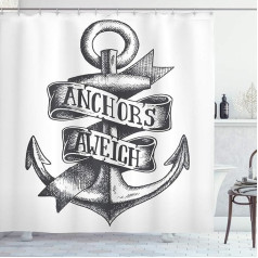 ABAKUHAUS Anker Shower Curtain, Tattoo Style Old Symbol, Washable and Easy Care with 12 Hooks, High-Quality Print, Colour-Resistant, Long-Lasting, 175 x 200 cm, Charcoal Grey White