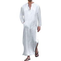 YAOHUOLE Men's Loose Linen V-Neck Short Sleeve Lounge Robes Dresses with Pockets, White long sleeve shirt, xl