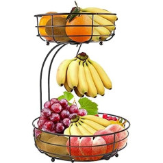 Fruit Basket, 2 Tier Fruit Bowl with Banana Hanger, Worktop Metal Fruit Bowl, Storage, Kitchen Shelf, Keeps Fruit and Vegetables Fresh (Bronze)