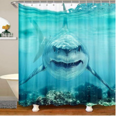 Shark Shower Curtain for Stands, Bathtubs, 3D Shark Fish Bathroom Shower Curtain Set Ocean Marine Theme Bath Curtain Wild Animal in the Sea Waterproof Bathroom Curtains 180 x 180 cm