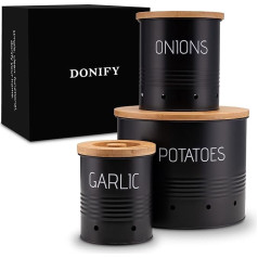 Donify® Storage Containers, Set of 3, Practical Storage of Potato, Onion and Garlic, Longer Freshness Thanks to Refined Ventilation System, Lid Made of Sustainable Bamboo