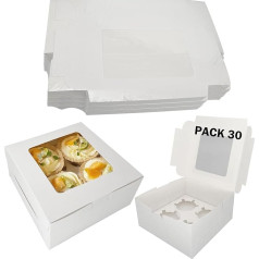 Pack of 30 Cupcake Boxes 4 Holes, Muffin Transport Box, Cake Box with Viewing Window, Cake Box, Cupcake Transport Box with Large Viewing Window, Cake Transport Box, Ideal Cake Box for Delicacies