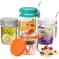 Tuevob Overnight Oats Jars Oatmeal Cup Set of 4 Breakfast Jar with Lid Spoon Reusable Yogurt Pots Salad Cereal Milk Porridge Fruit Container Measurement Mark Wide Mouth Lunch Box Travel Meal Food
