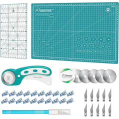 Rotary Cutter Set - 45 mm Rotary Cutter Fabric Cutter Set Including A3 Cutting Mat, Rotary Cutter, Replacement Blades, Patchwork Ruler, Fabric Clips, Craft Knife Set Ideal for Crafts, Sewing,