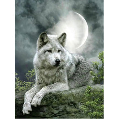CaptainCrafts DIY Oil Painting by Numbers Adult Kit 16 x 20 Inch for Beginners, Creative Digital Linen Canvas - Wolf Under the Moon (without Frame)