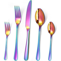 Targzier Rainbow Cutlery Set for 6 People, Multicoloured, 30 Pieces, High-Quality Stainless Steel Cutlery, Colourful, Knife, Fork, Spoon, Colourful Cutlery, Dishwasher Safe (Shiny Rainbow Cutlery