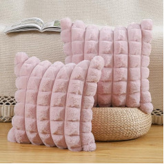 Madizz Set of 2 Faux Fur Plush Decorative Cushion Covers Striped Soft Decorative Cushion Cover for Sofa Bedroom Cushion Shell Pink 50 x 50 cm