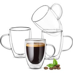 Ulrikco 350ml Double Wall Glass Coffee Cups with Handle, Clear Cappuccino Glass Cup, Set of 4, Insulated Drinking Glass, Coffee Cups, Espresso Cups, Heat Resistant, Dishwasher Safe