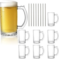 Okllen Glass Beer Mug with Handle, 16 oz Large Glass Stones Beer Mug with Stainless Steel Straws, Heavy Base Thick Drinking Glasses for Freezer, Bar, Cocktail, Alcohol, Lemonade, Pack of 8