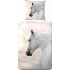Aminata kids Horse Flannelette Bed Linen, 135 x 200 cm, Children's Horse Motif, Cotton, Zip, Children's Reversible Bedding Set, Horse, Cuddly, White, Children's Bed Linen, Girls' Horse Bed Linen,