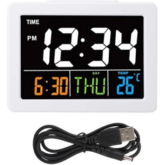 Natudeco Digital Alarm Clock, Colour Large Screen LCD, Electronic Table Clock, LED Display, Clock with Temperature Date Display (White)