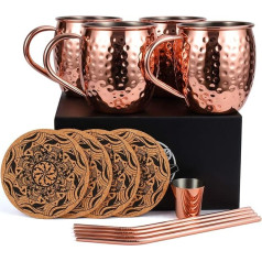 Eligara Moscow Mule Copper Mug, Hammered and Handmade, with 4 Glasses, 4 Coasters, 4 Straws, 1 Measuring Cup for Beer, Gin, Vodka, Cocktails