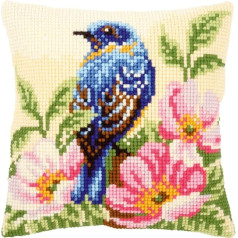Vervaco Vogel auf Wilder Rose Kreuzstichkissen/Stickkissen vorgedruckt, Baumwolle, Mehrfarbig, 40 x 40 x 0.3 cm