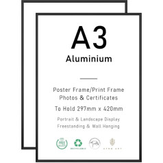 A3 / 29.7 x 42 cm Aluminium Metal Poster Frame, Pack of 2, Made of High-Definition Plastic, Display 20 x 28.7 cm with Mat or 29.7 x 42 cm without Mat, Aluminium Picture Frame for Wall Mounting