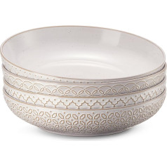 DOWAN Deep Soup Bowls, Set of 4, 1660 ml Large Pasta Bowls, Diameter 25.2 cm Wide & Flat Salad Bowl for Kitchen, Embossed Ceramic Serving Plate for Fruit, Steak, Stew, Vintage White