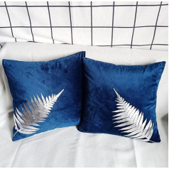 Silver Foil Printing Plants Leaves Velvet Cushion Cover Festival Sofa Cushion Cover Gift Pillow Cases for Sofa Car Home Decor 45x45cm (Navy,2)