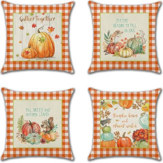 JOTOM Cushion Covers for Autumn, 45 x 45 cm, Pumpkin Autumn Harvest Thanksgiving Outdoor Autumn Decoration Pillow Covers for Farmhouse Sofa Couch Bed Car Decoration Set of 4 (Orange Check)