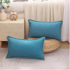 decorUhome Decorative Teal Cushion Covers 12x20 inch Linen Trimmed Edge Cushion Cover for Sofa Couch 30X50cm Set of 2
