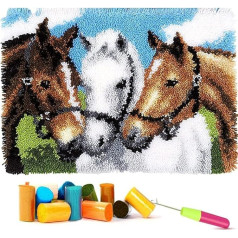 EMISTEM Latch Hook Sets for Adults - DIY Latch Rug Sets for Kids, Crochet Kit for Beginners, Rug Making Kits with Printed Canvas, Gift Wrapping (Three Horses, 15 x 21 Inch)