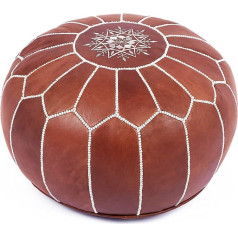 Marrakesh Gallery Genuine Leather Round Stool Unfilled - Moroccan Footstool Footrest Cover - Boho Decor - Bohemian Living Room Bedroom Nursery Gift & Wedding (Dark Tan)