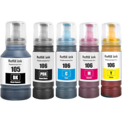 SHUOLEI 105 106 Ink Compatible with Epson 105 106 Ink Cartridges Refill Ink Multipack for EP L-7160 L-7180 ET-7700 ET-7750 (5-Pack, 2 Black Cyan Magenta Yellow)