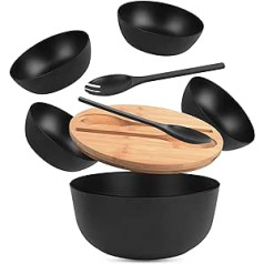 INNOVEST Salad Bowl with Lid Bamboo with Cutting Board, Cutlery, Salad Servers Includes 4 Serving Bowls, Fruit Bowl, Salad Bowl Set, Snack Bowl, 3.5 L, Black, 24.9 cm