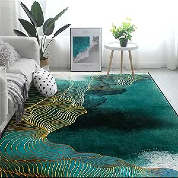 WAHIKASKI Living Room Rug, 140 x 200 cm, Green Abstract Design, Golden Lines, Soft Short Pile, Non-Slip Washable, for Hallway, Dining Room, Kitchen and Children's Room