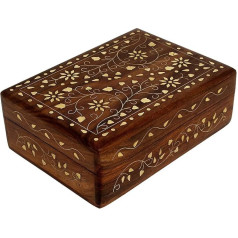 Ajuny Jewellery Box Hand-Carved Wooden, Vintage Style, Brass Inlay, Flower Design