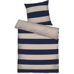 TOM TAILOR Renforcé Bed Linen 80 x 80 cm + 155 x 220 cm, 100% Cotton/Renforcé with Reversible Motif and Coloured Branded Zip, Bold Stripes Blue, Beige (Dark Navy & Sunny Sand)