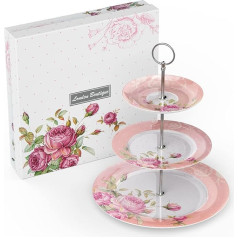 London Boutique 3 Tier Cake Stand Afternoon Tea Plate Bone China Vintage Flora Gift for Her (Pink)