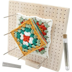 Crochet Wood Blocking Board, Handmade Knitting Mat with 20 Metal Needles, 5 Large Eye Needles and Stand, Square Blocking Board for Knitting and Crochet