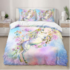 HOTRCR 3D Printed Unicorn Bed Linen, Colourful Bed Linen Set, Suitable for Children/Girls/Adults, Bed Linen, 135 x 200 cm, 80 x 80 cm x 1 EEBTTAH020