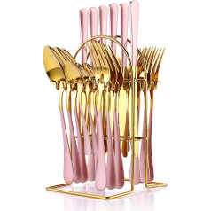 24-Piece Flatware Set, Stainless Steel Cutlery Set with Silver Cutlery Holder, Spoons, Forks and Knives, Crockery Set Service for 6, Gold Mirror Polished and Matte Pink Lacquered (Rose Gold)