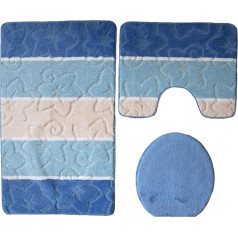 Gökyildiz Orion 3-Piece Bath Set Striped Bath Mat 50 x 80 cm Pedestal Mat with Cut-Out for Floor-Standing Toilet (Blue/Light Blue/Cream)