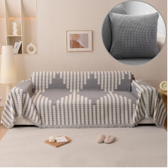 OKYUK Boho Chenille Couch Cover Modern White Cream Beige Black Plaid Geometric Jacquard Sofa Slipcover Multipurpose Living Room Furniture Protector with 1 Pillow Case (Boho Gray, L (180.3