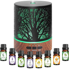 Essential Oil Aroma Diffuser: 300 ml Metal Aroma Lamp Oils Diffuser Set of 8 Fragrance Room Humidifier Air Fragrance Lamp LED Light Home Bedroom Office TY-500, 500 ml 8 x 10 ml Essential Oil Set