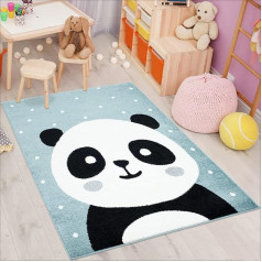 Carpet City Bubble Kids Flat Pile Carpet with Panda Bear White Dots in Teal Blue Grey Beige for Children's Bedroom.