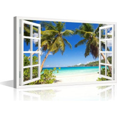 3D Window Effect Canvas Art Framed Modern Home Decor Beach Coconut Tree View Pictures for Home Living Room Dining Room Wall Decor Posters Prints Ready to Hang